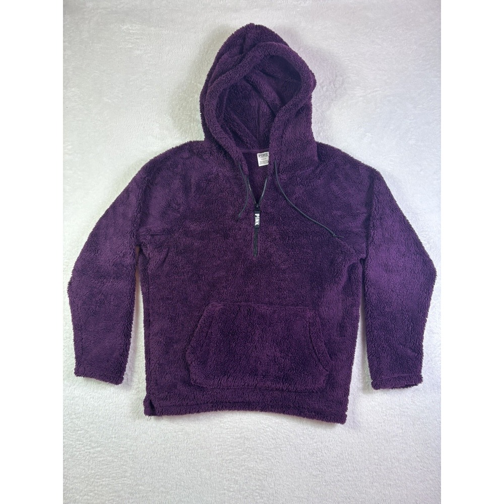 PINK Victoria Secret Pullover Hoodie Maroon Soft Sherpa 1/4 Zip Women's Size M